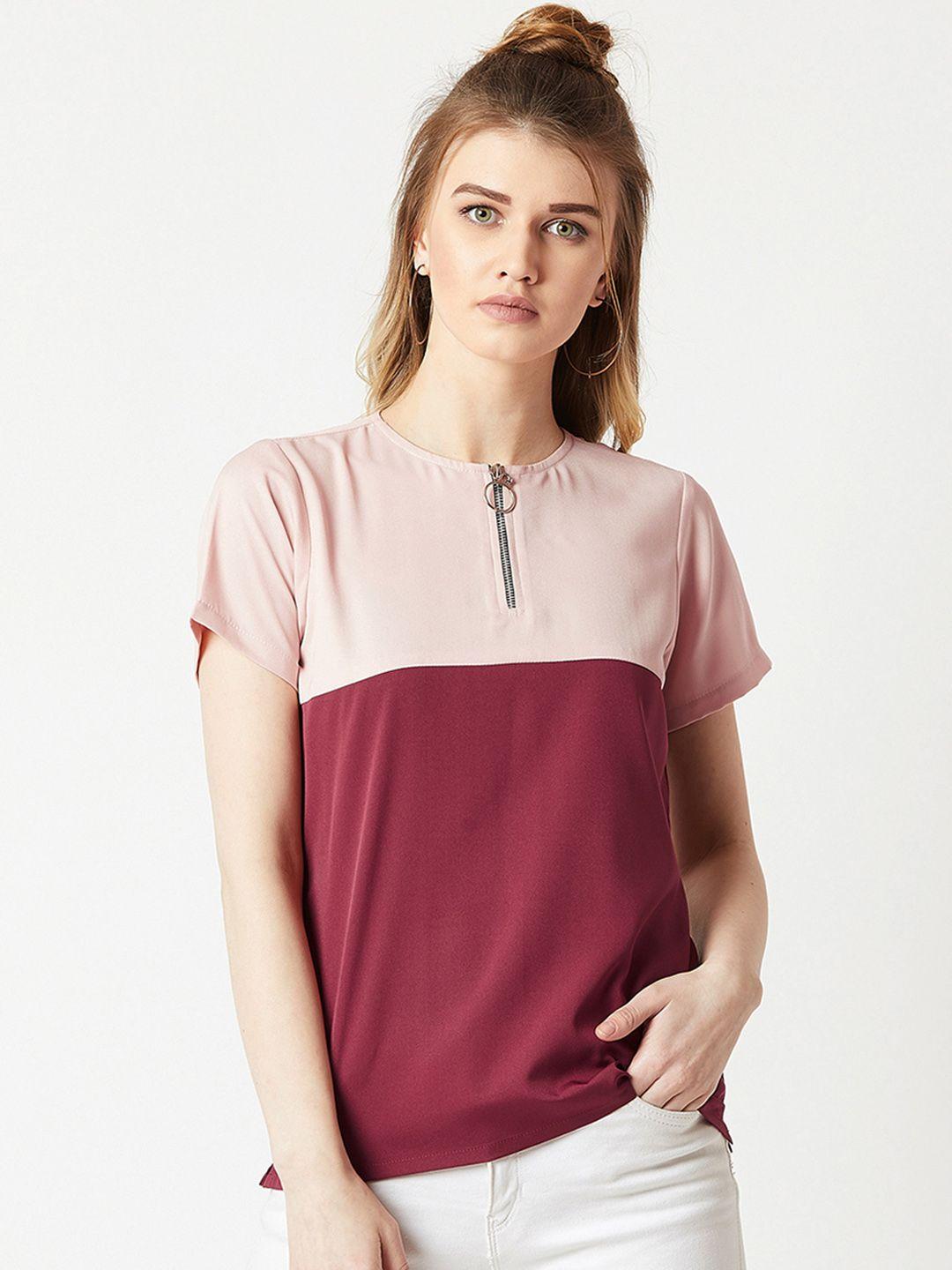 miss chase women maroon & pink colourblocked top