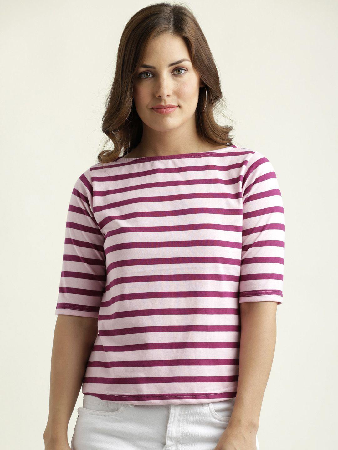 miss chase women maroon & pink striped pure cotton top