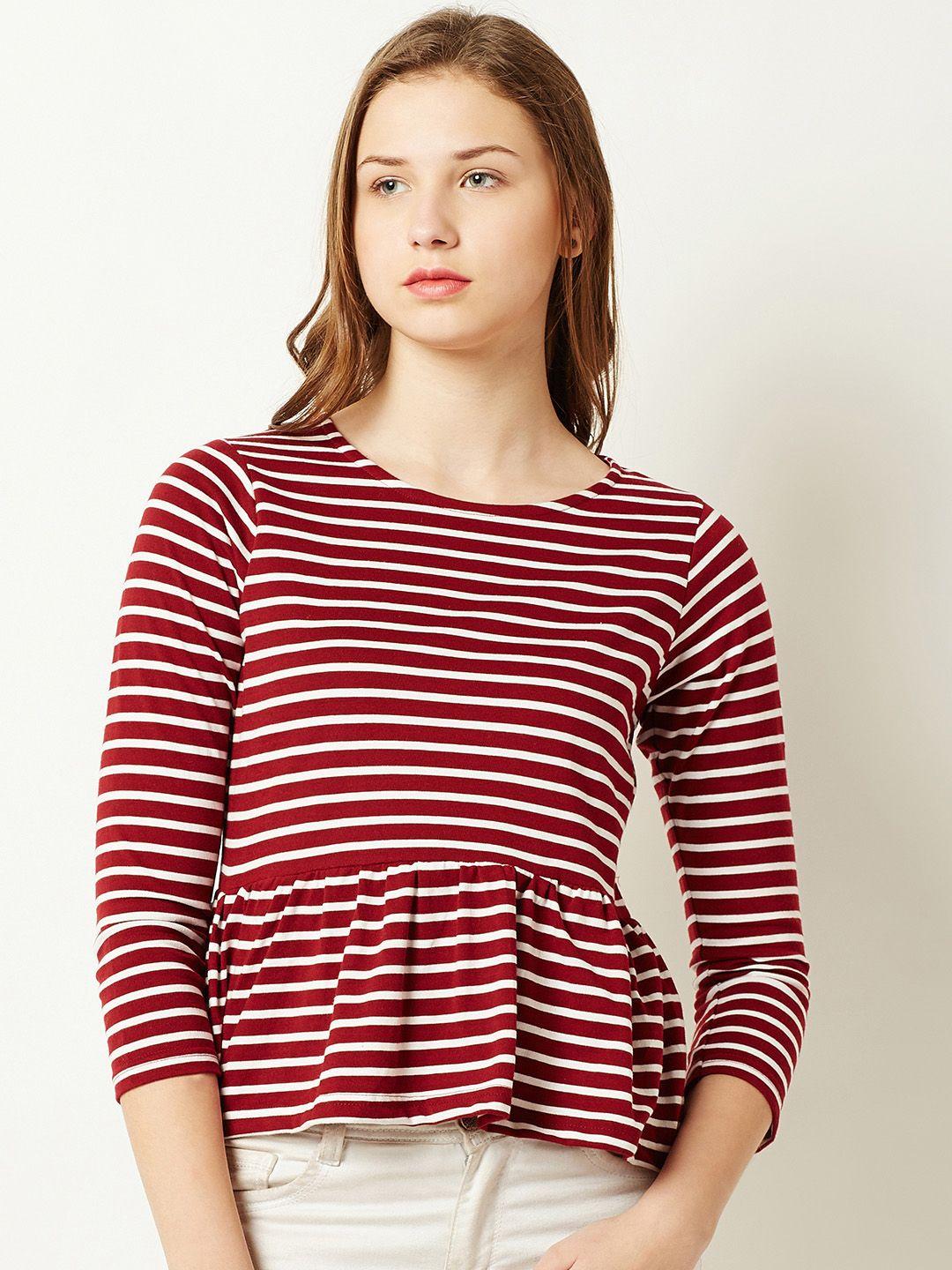 miss chase women maroon & white striped peplum pure cotton top