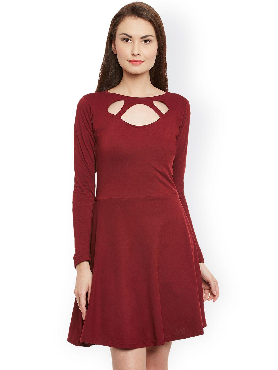 miss chase women maroon fit & flare dress with cut-outs