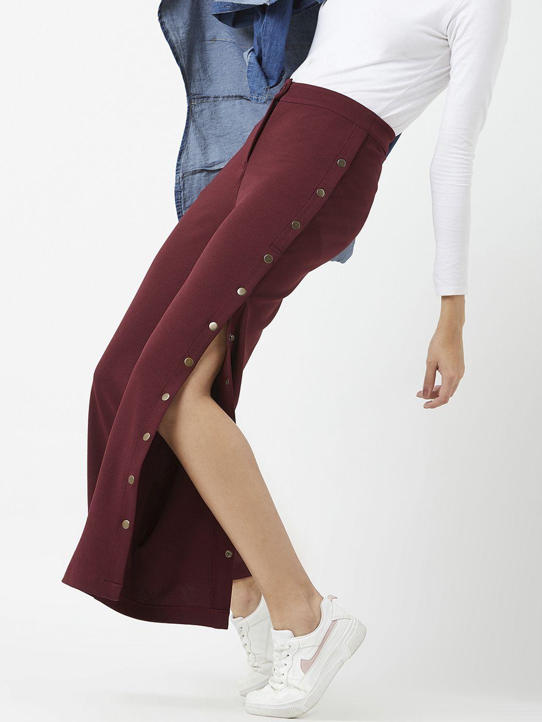 miss chase women maroon flared solid regular trousers