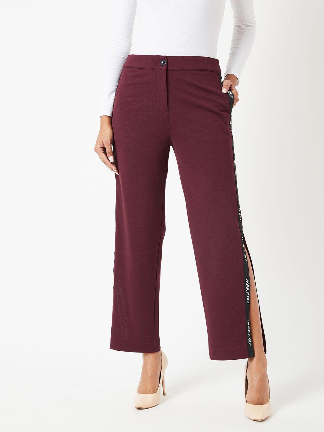 miss chase women maroon regular fit solid slitted trousers