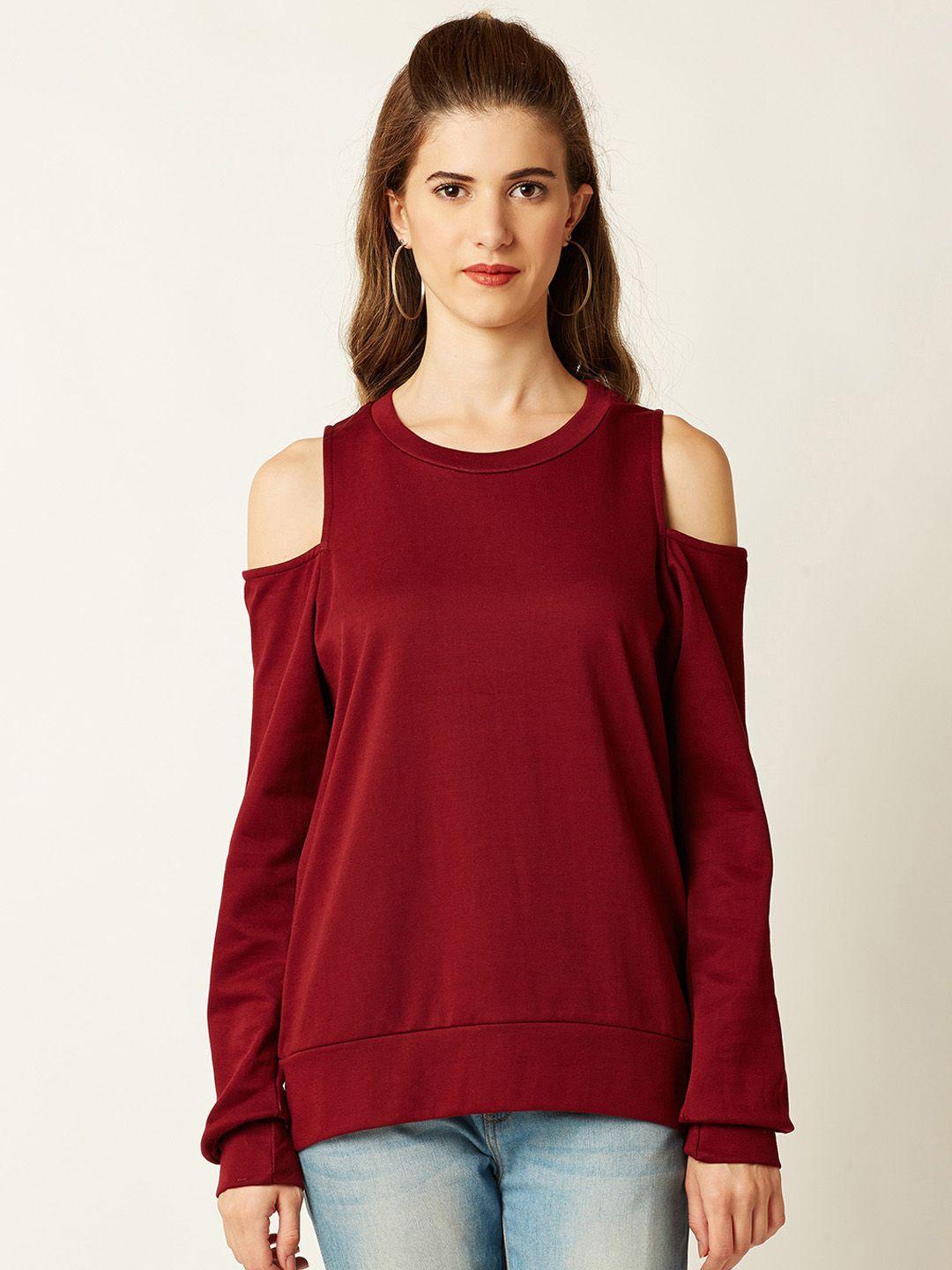 miss chase women maroon solid cold-shoulder pure cotton top