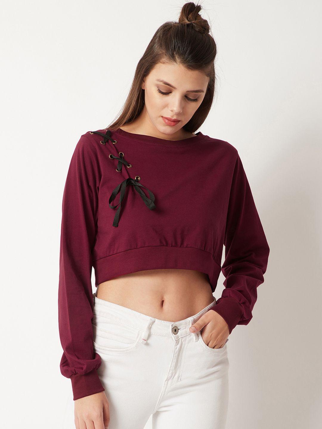 miss chase women maroon solid crop pure cotton top