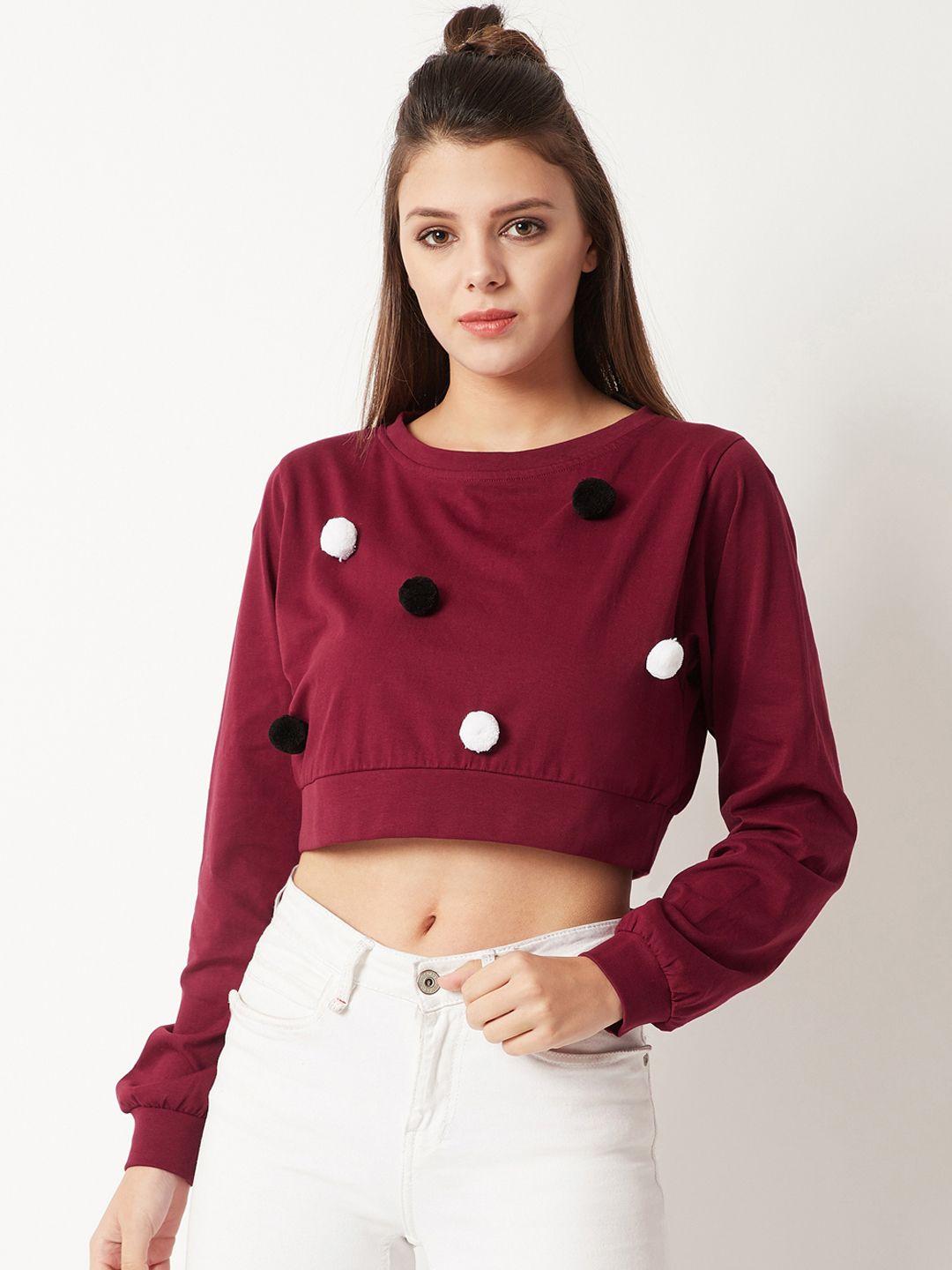 miss chase women maroon solid crop pure cotton top