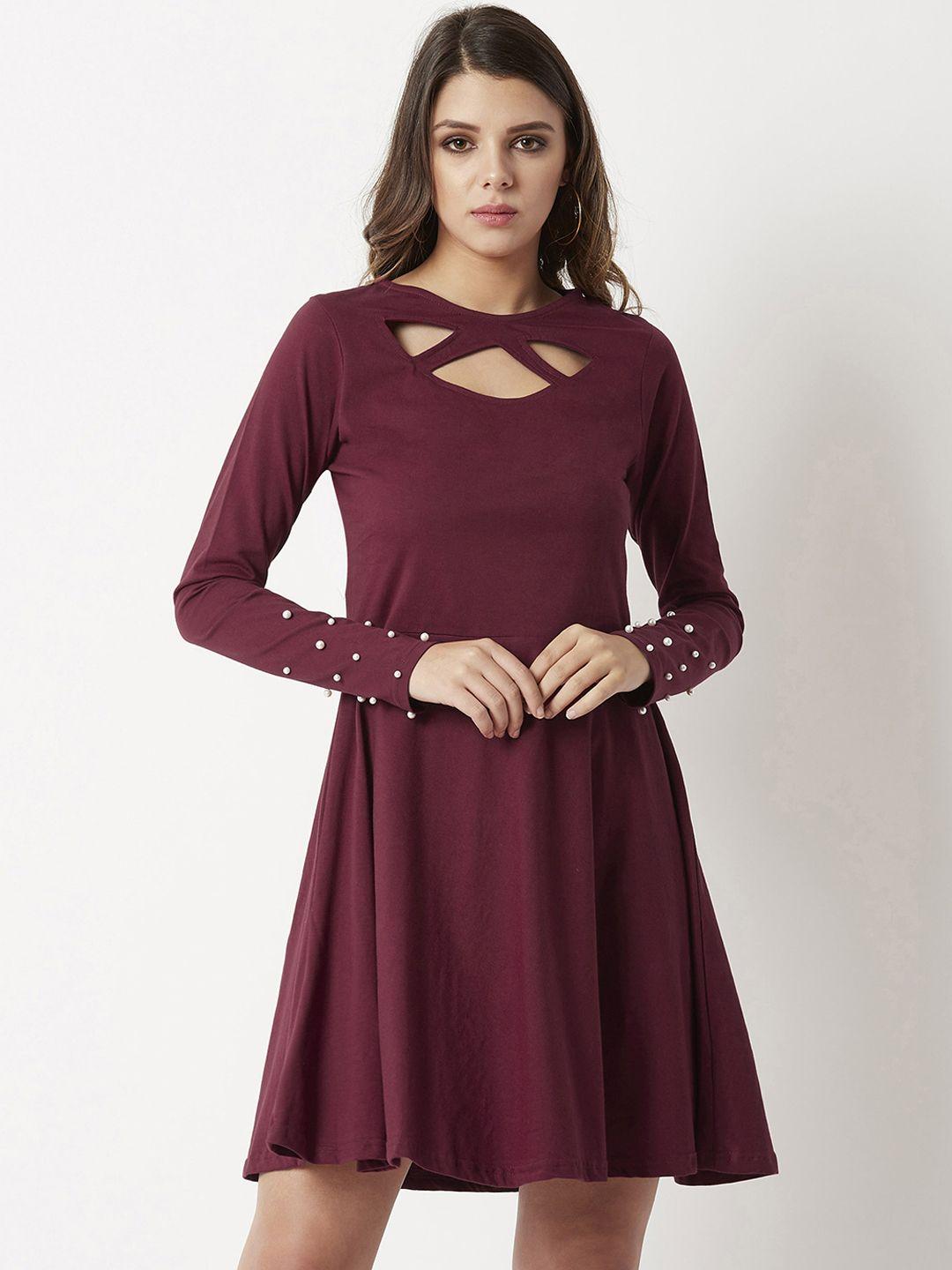 miss chase women maroon solid fit and flare dress