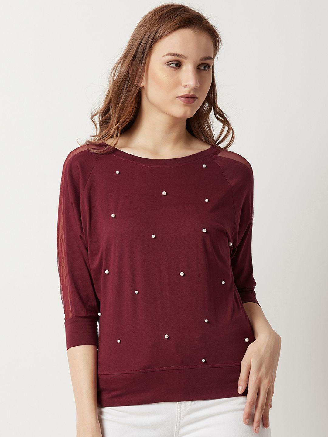 miss chase women maroon solid pure cotton top