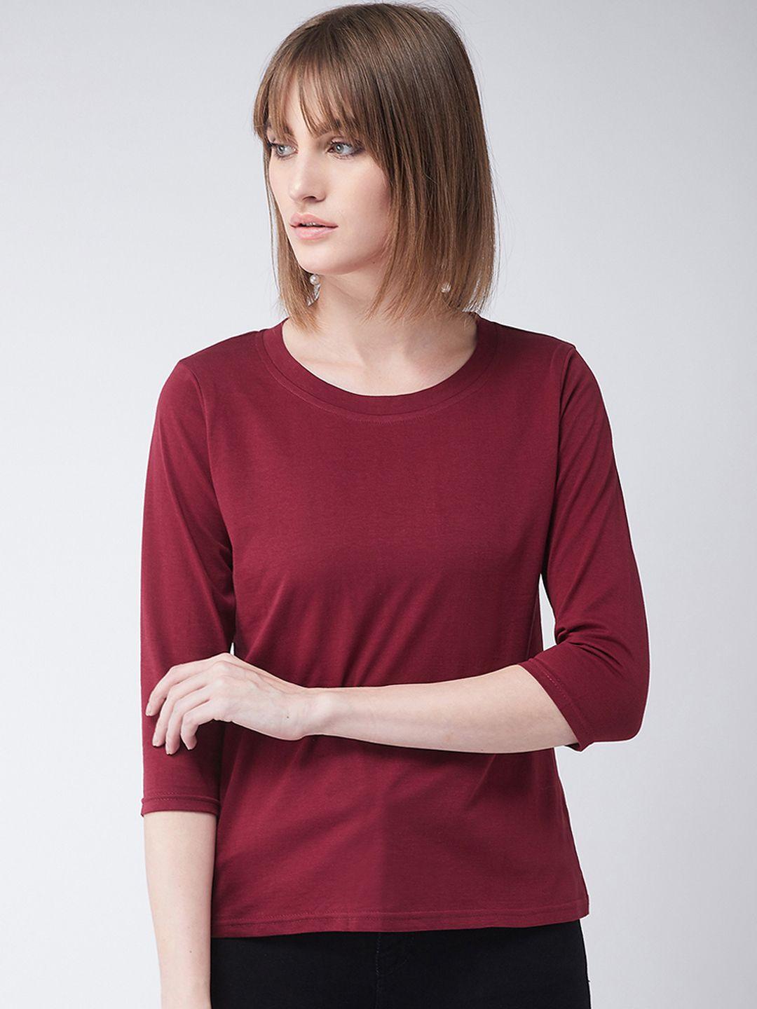 miss chase women maroon solid round neck t-shirt