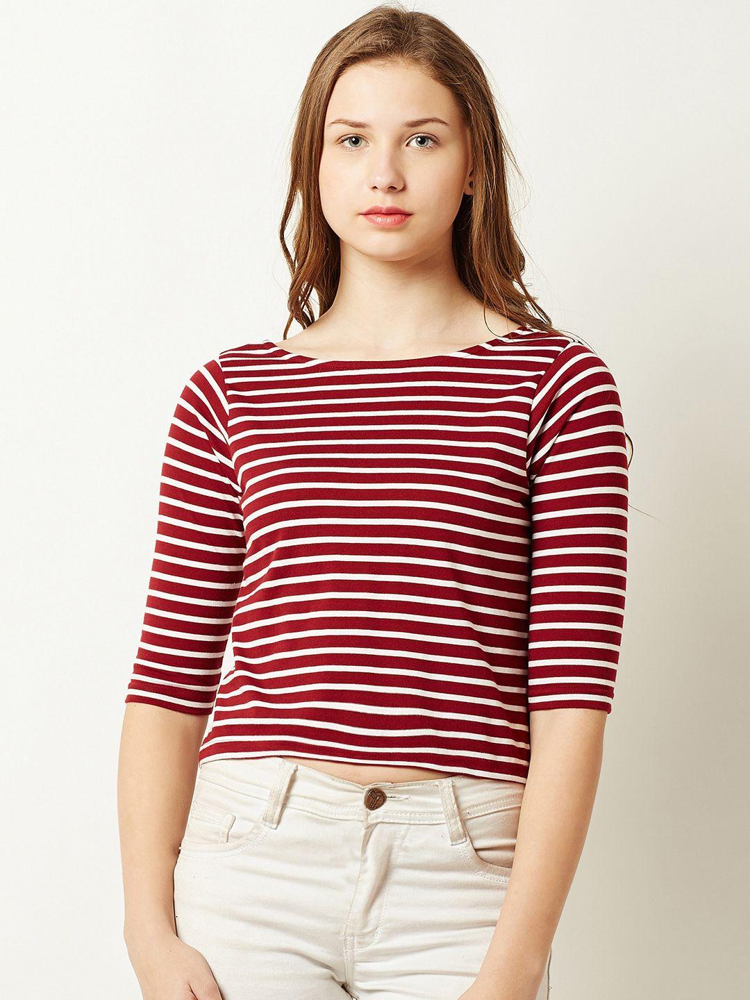 miss chase women maroon striped pure cotton top