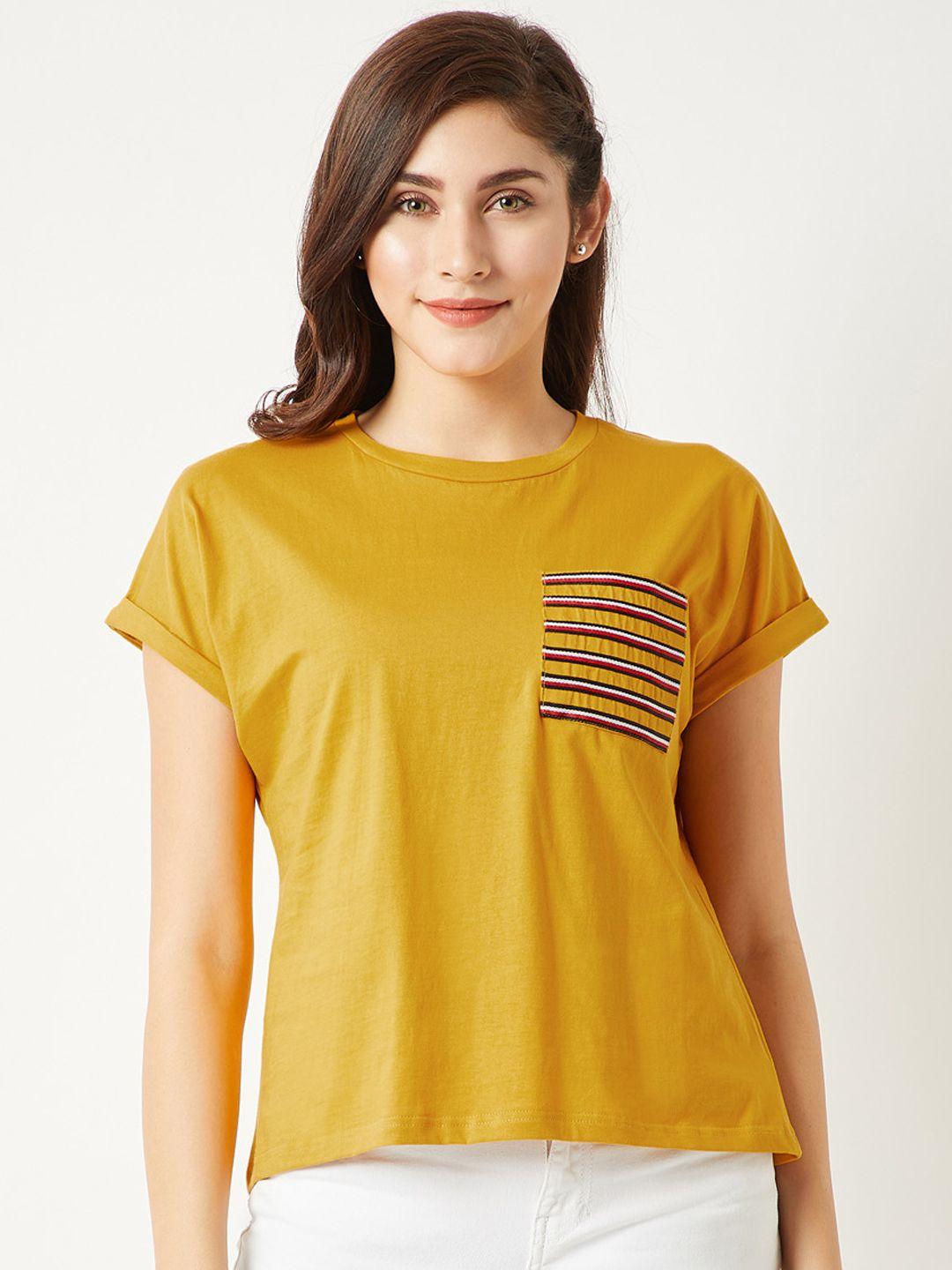 miss chase women mustard coloured solid round neck t-shirt