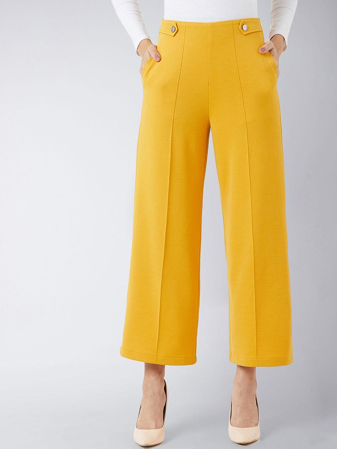 miss chase women mustard flared solid parallel trousers
