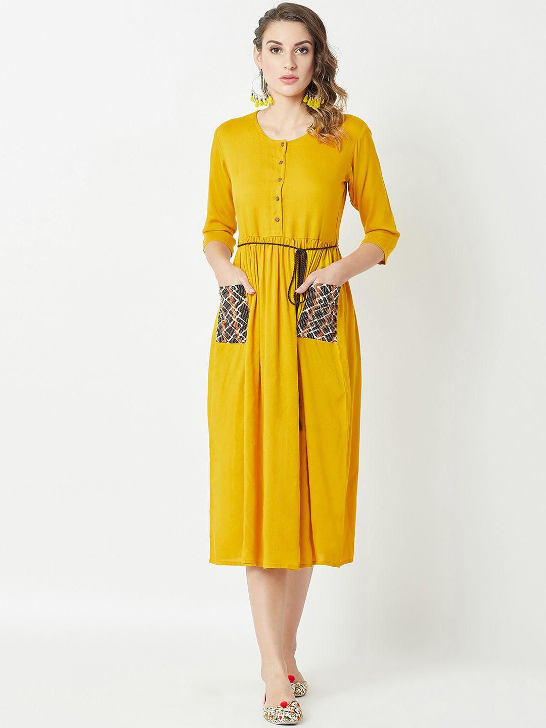 miss chase women mustard yellow solid fit and flare dress