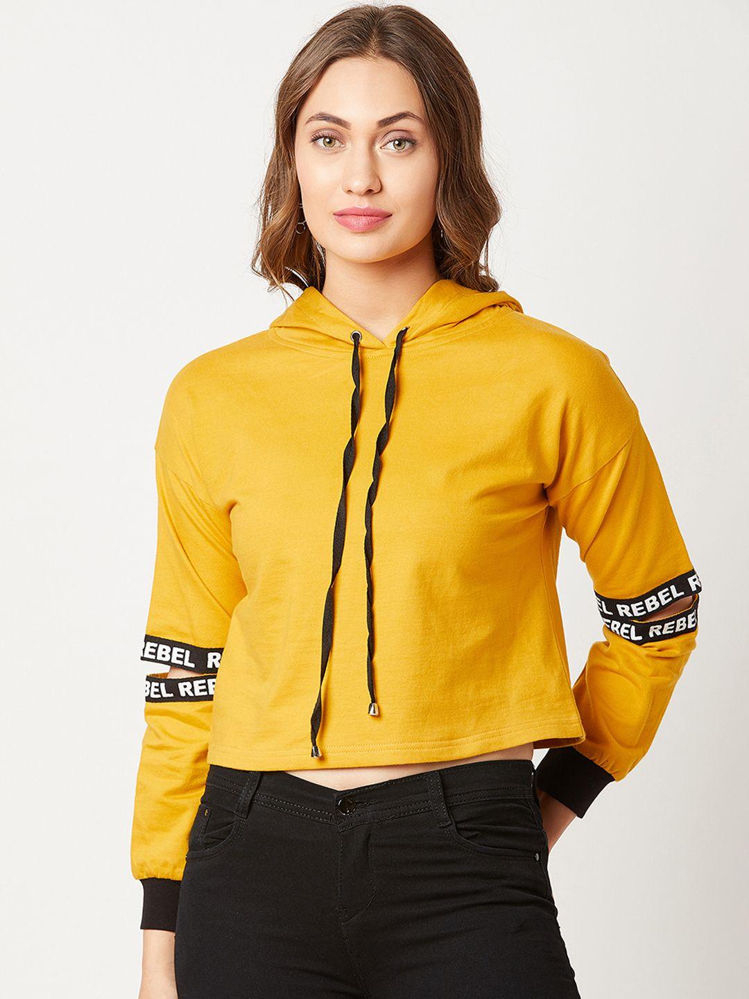 miss chase women mustard yellow solid hooded sweatshirt