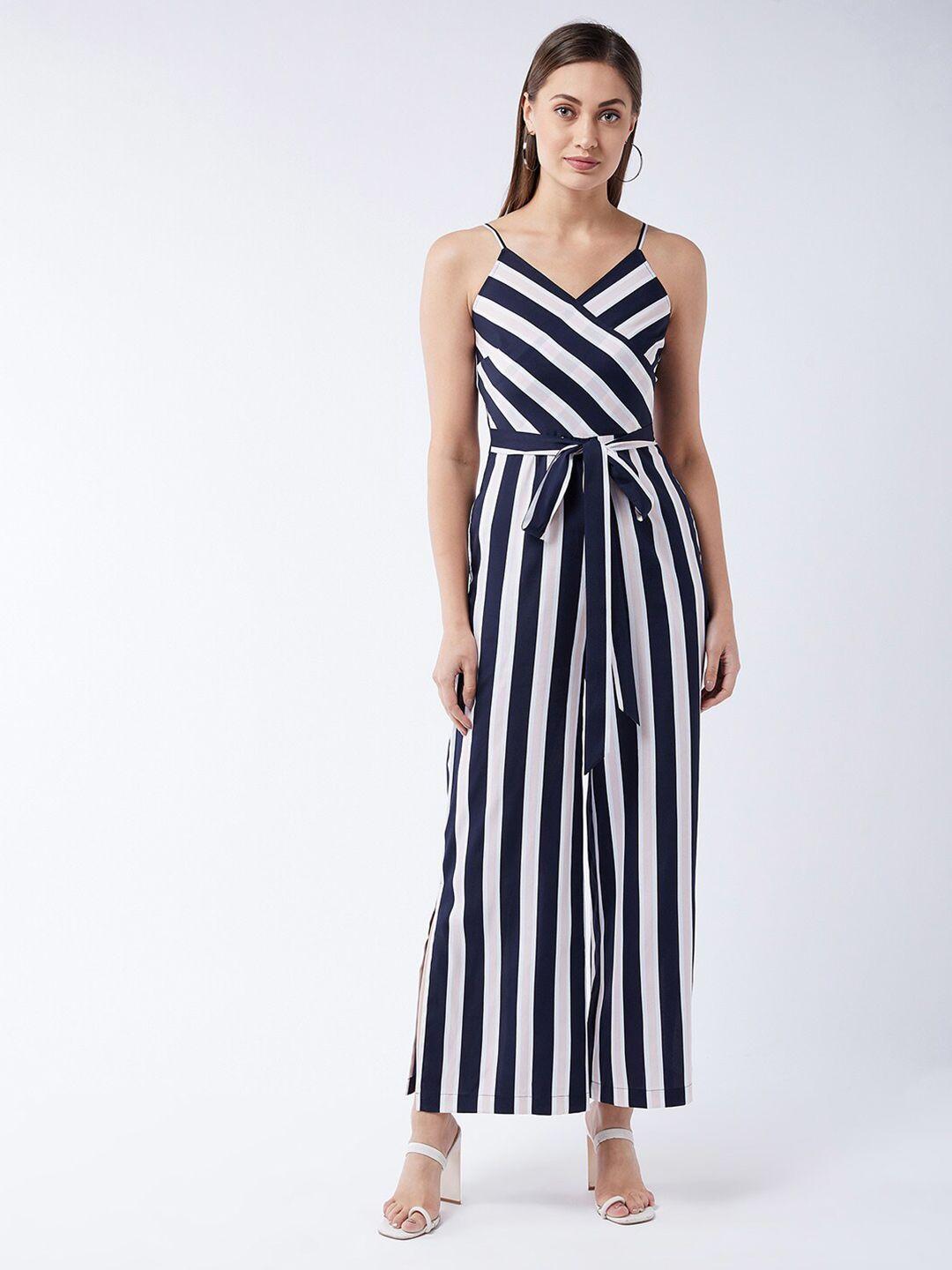 miss chase women navy blue & white striped jumpsuit