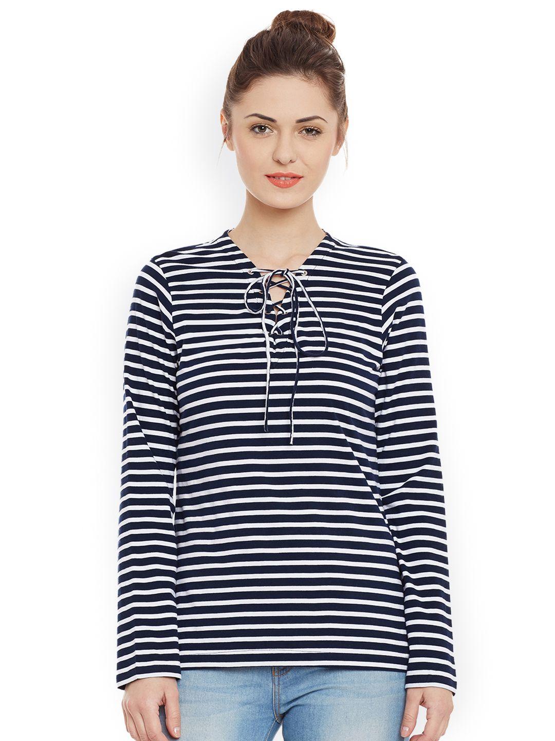 miss chase women navy blue & white striped pure cotton top