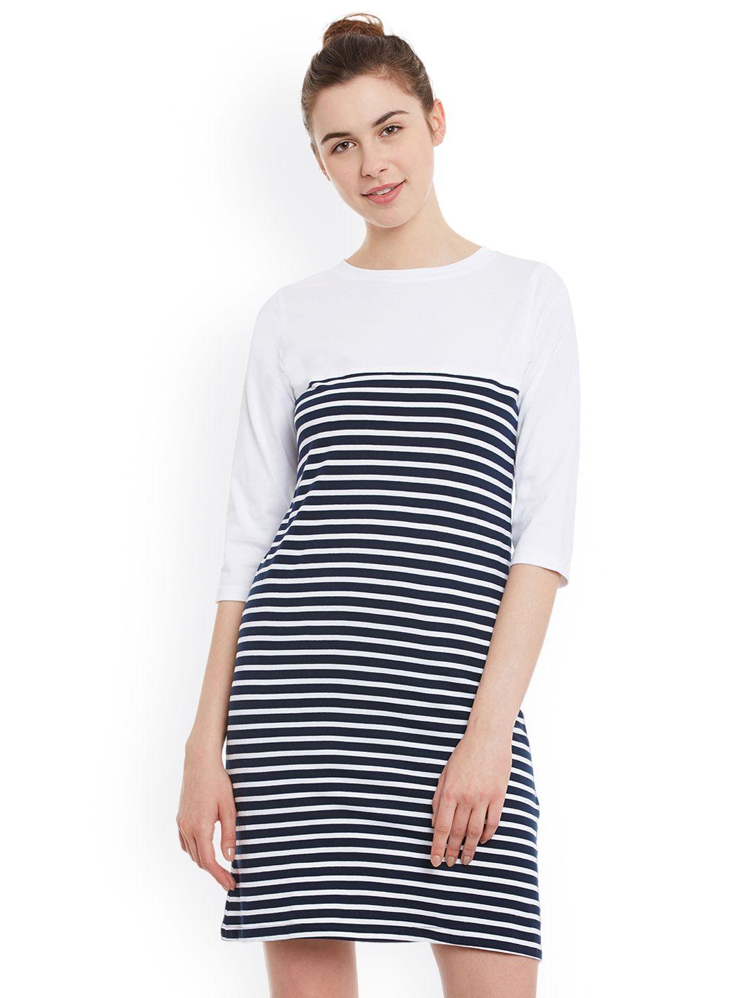 miss chase women navy blue & white striped t-shirt dress