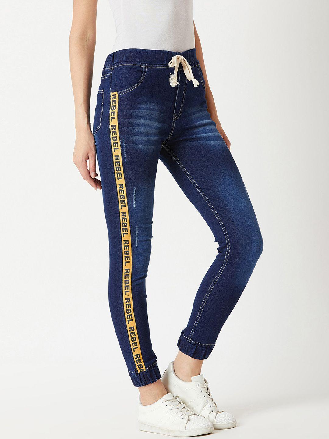 miss chase women navy blue denim  regular fit solid joggers