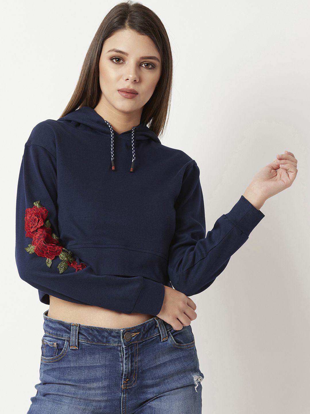 miss chase women navy blue embroidered hooded crop sweatshirt