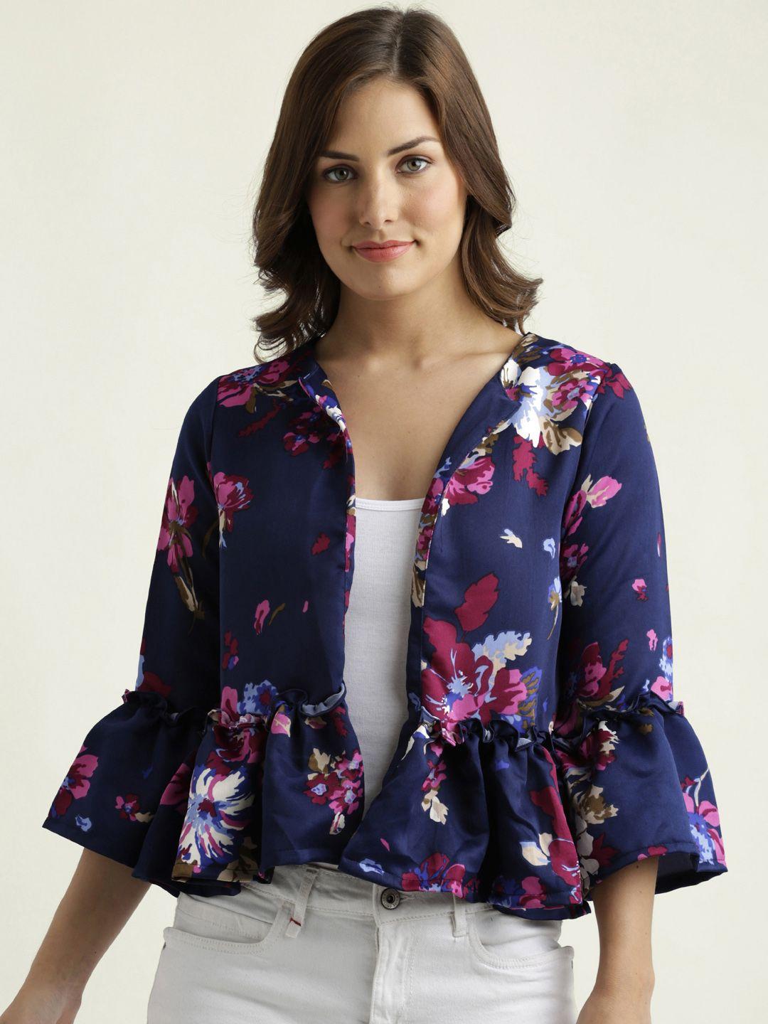 miss chase women navy blue printed lightweight open front jacket