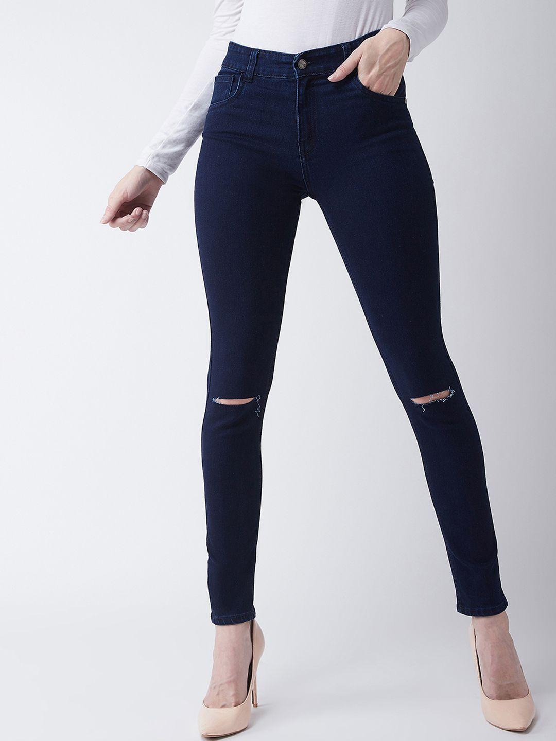 miss chase women navy blue skinny fit high-rise slash knee jeans