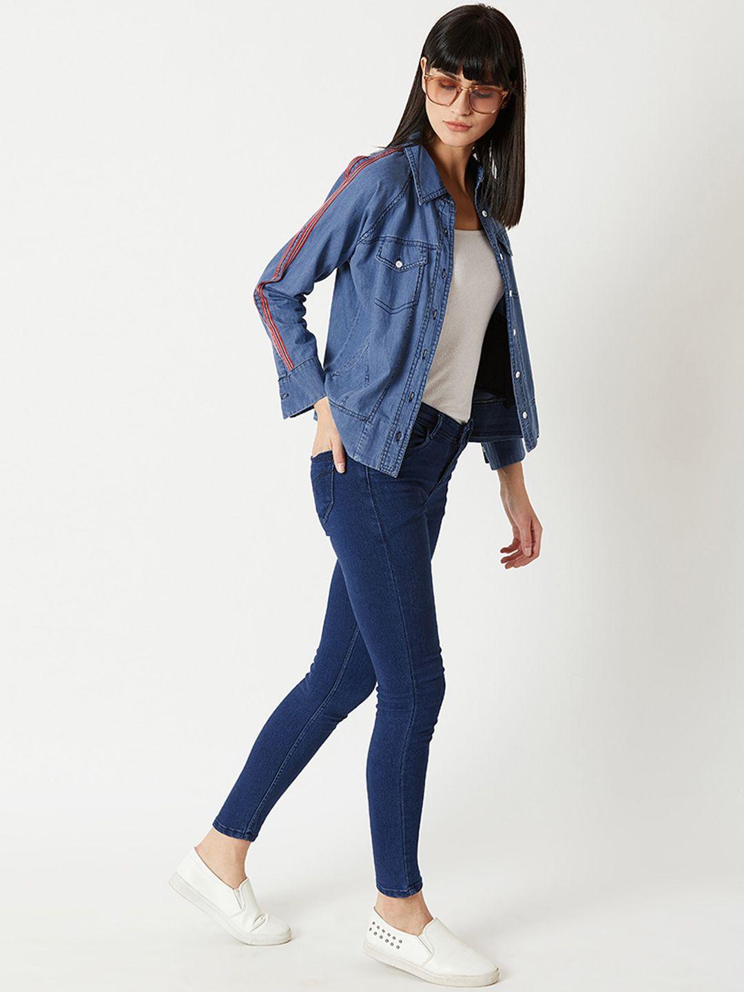 miss chase women navy blue solid denim jacket