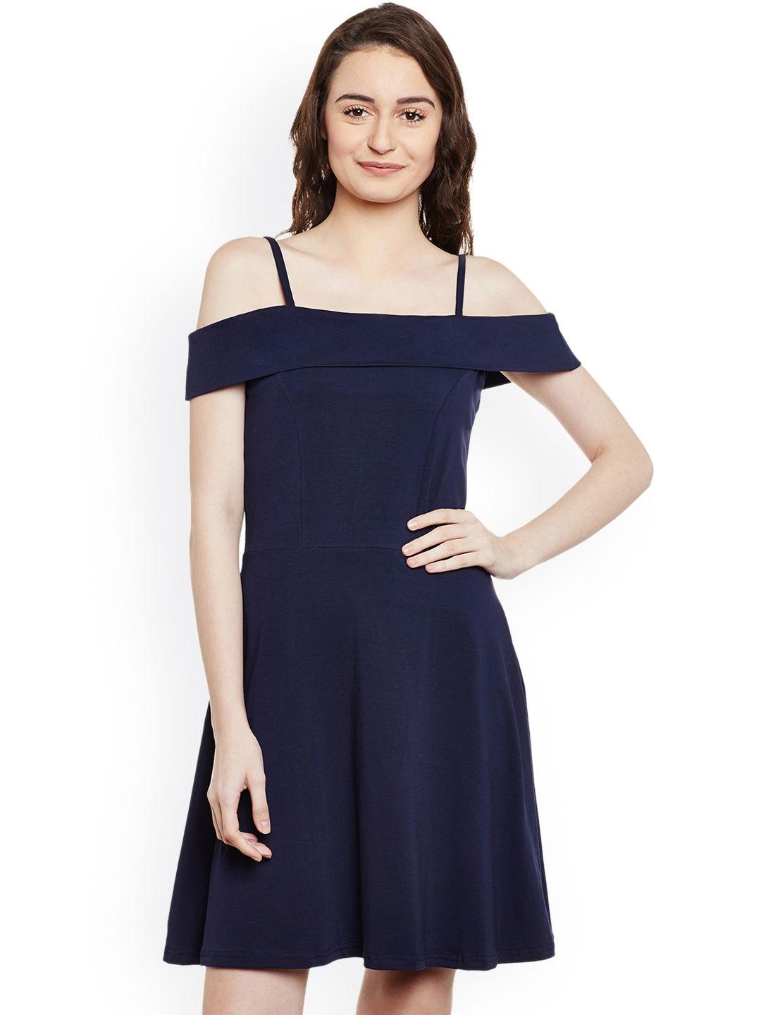 miss chase women navy blue solid fit & flare bardot dress