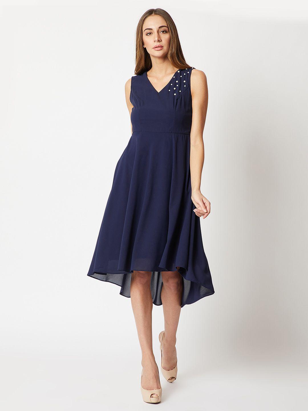 miss chase women navy blue solid fit and flare high-low dress