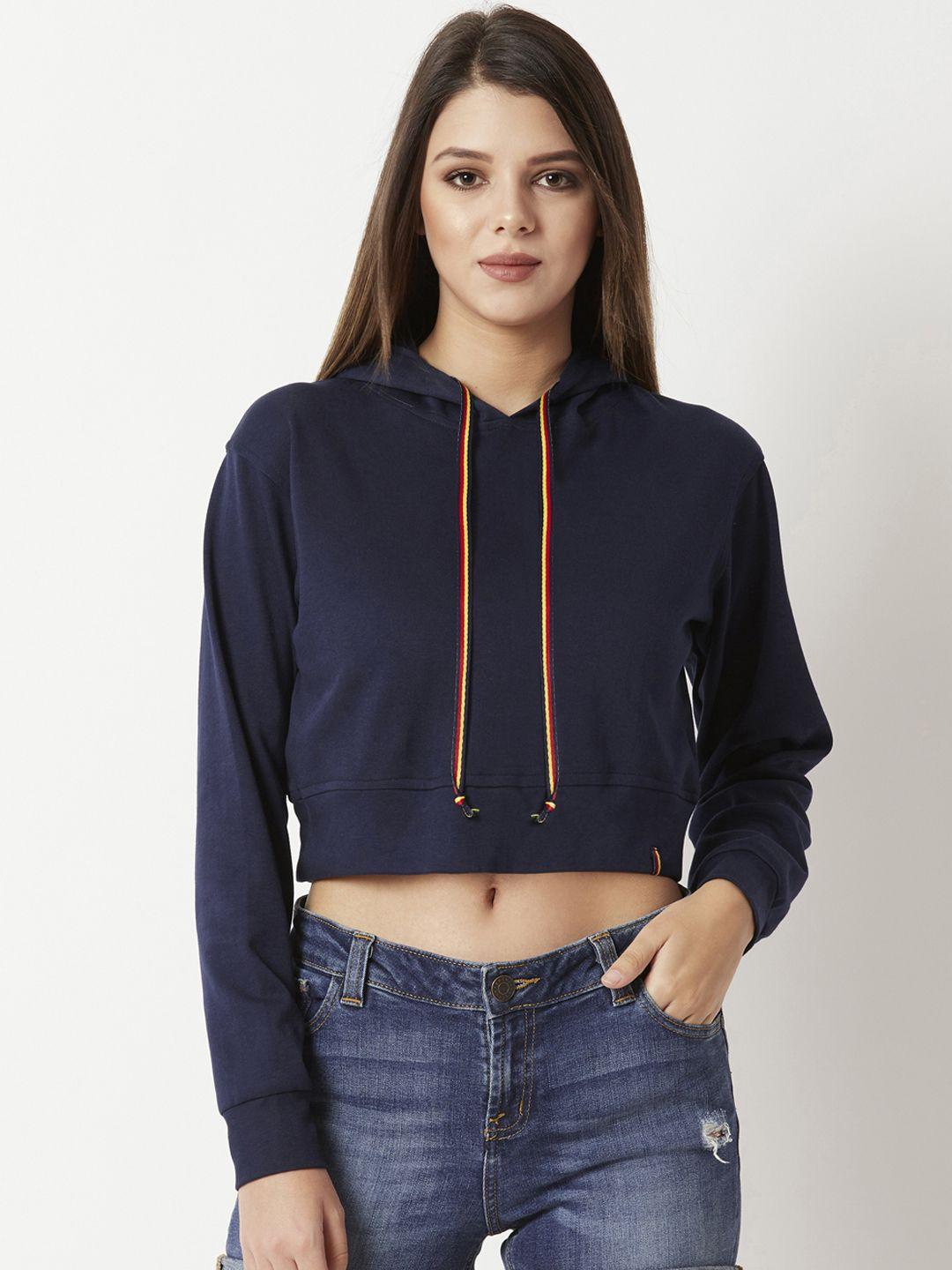 miss chase women navy blue solid hooded crop sweatshirt