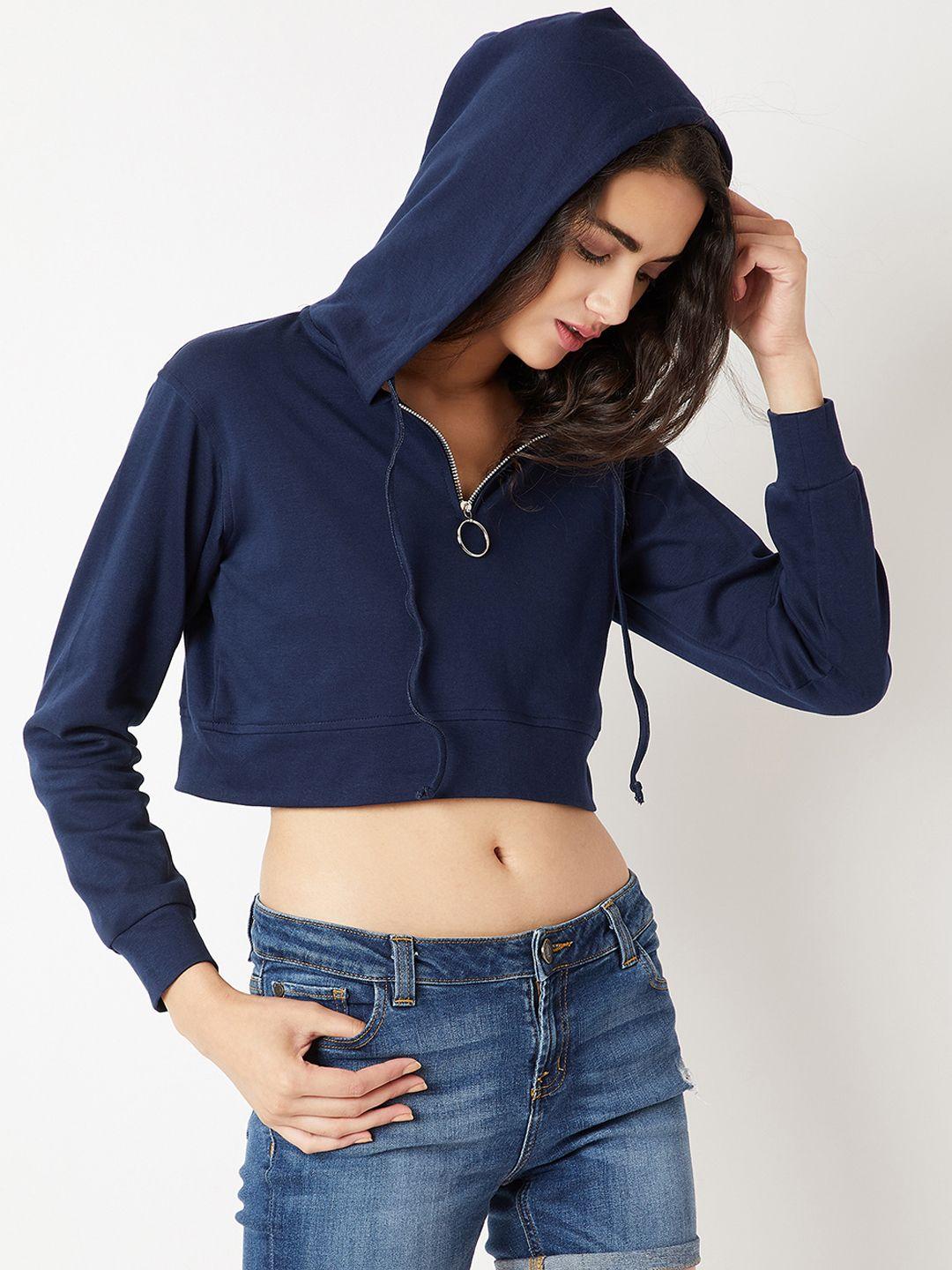 miss chase women navy blue solid hooded sweatshirt