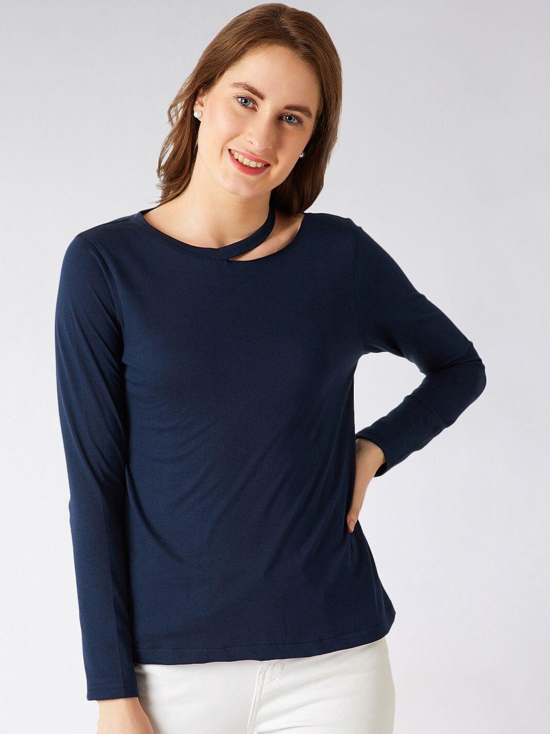 miss chase women navy blue solid pure cotton top