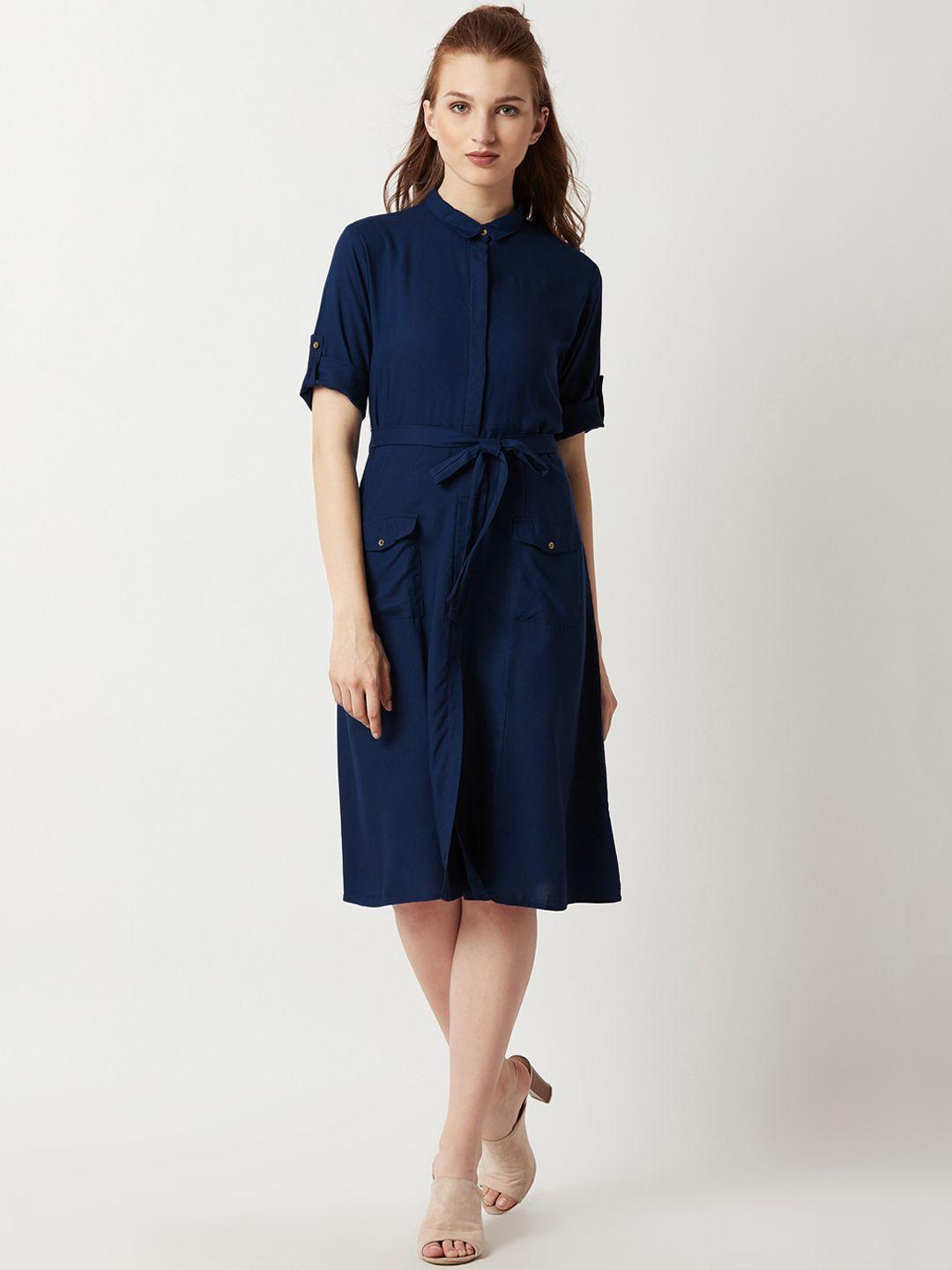 miss chase women navy blue solid shirt dress