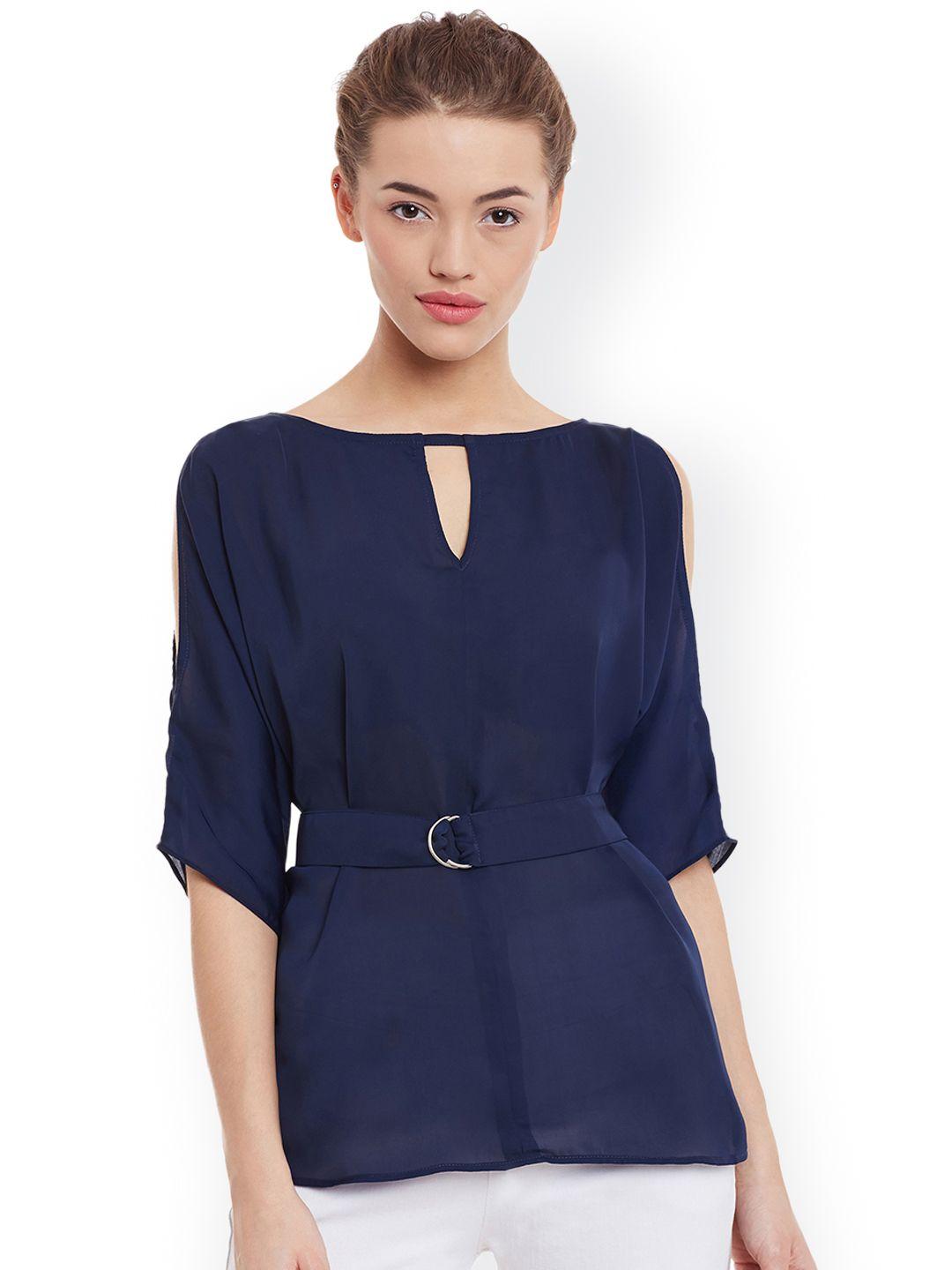 miss chase women navy blue solid top