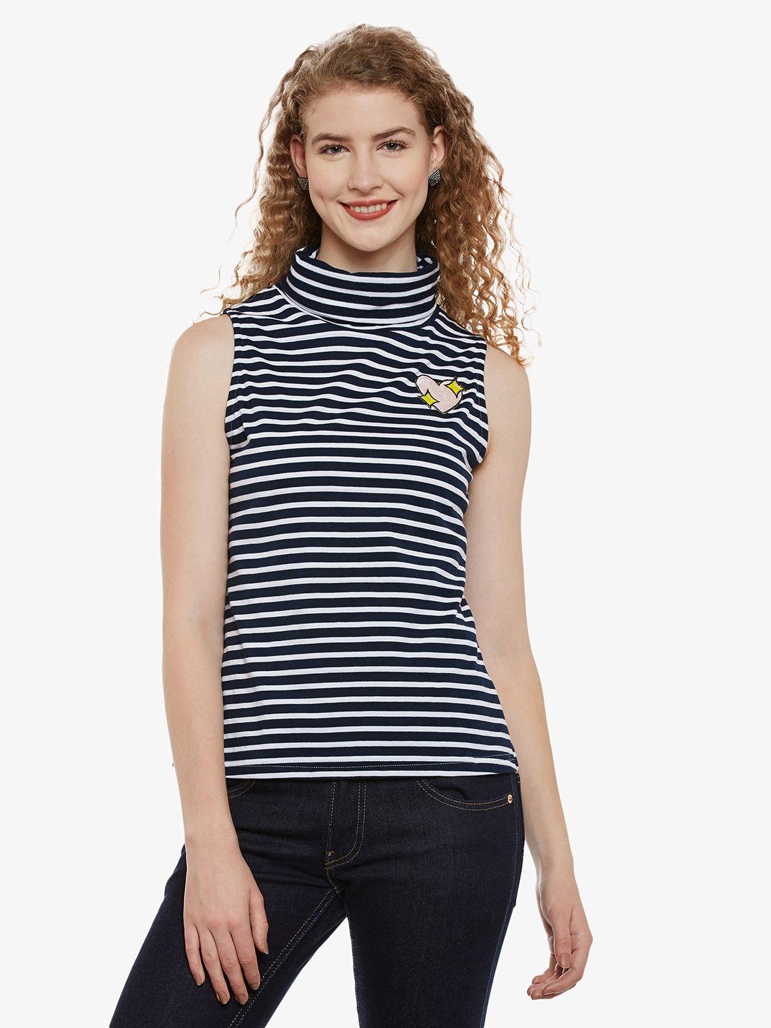 miss chase women navy blue striped pure cotton top