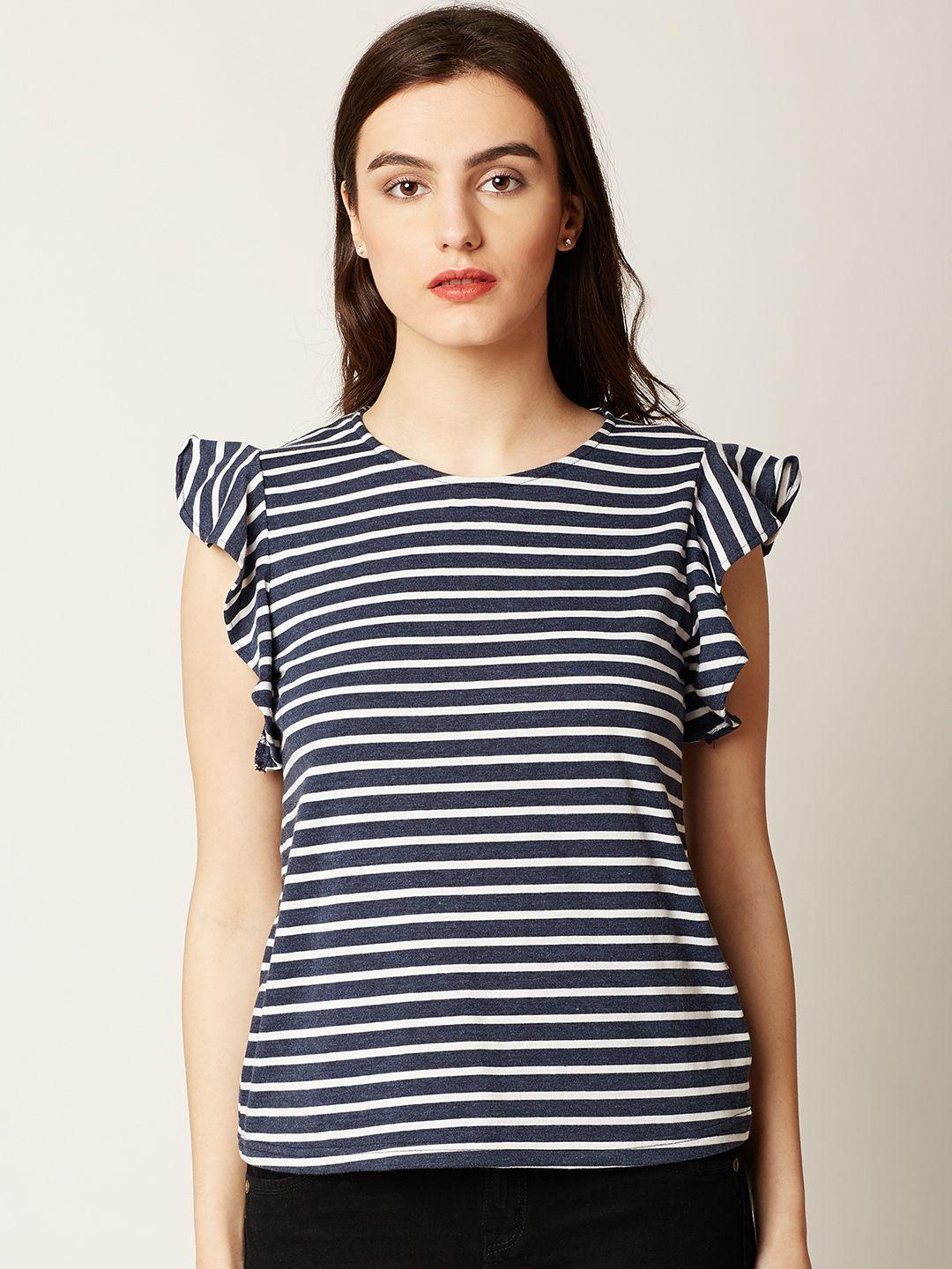miss chase women navy blue striped pure cotton top