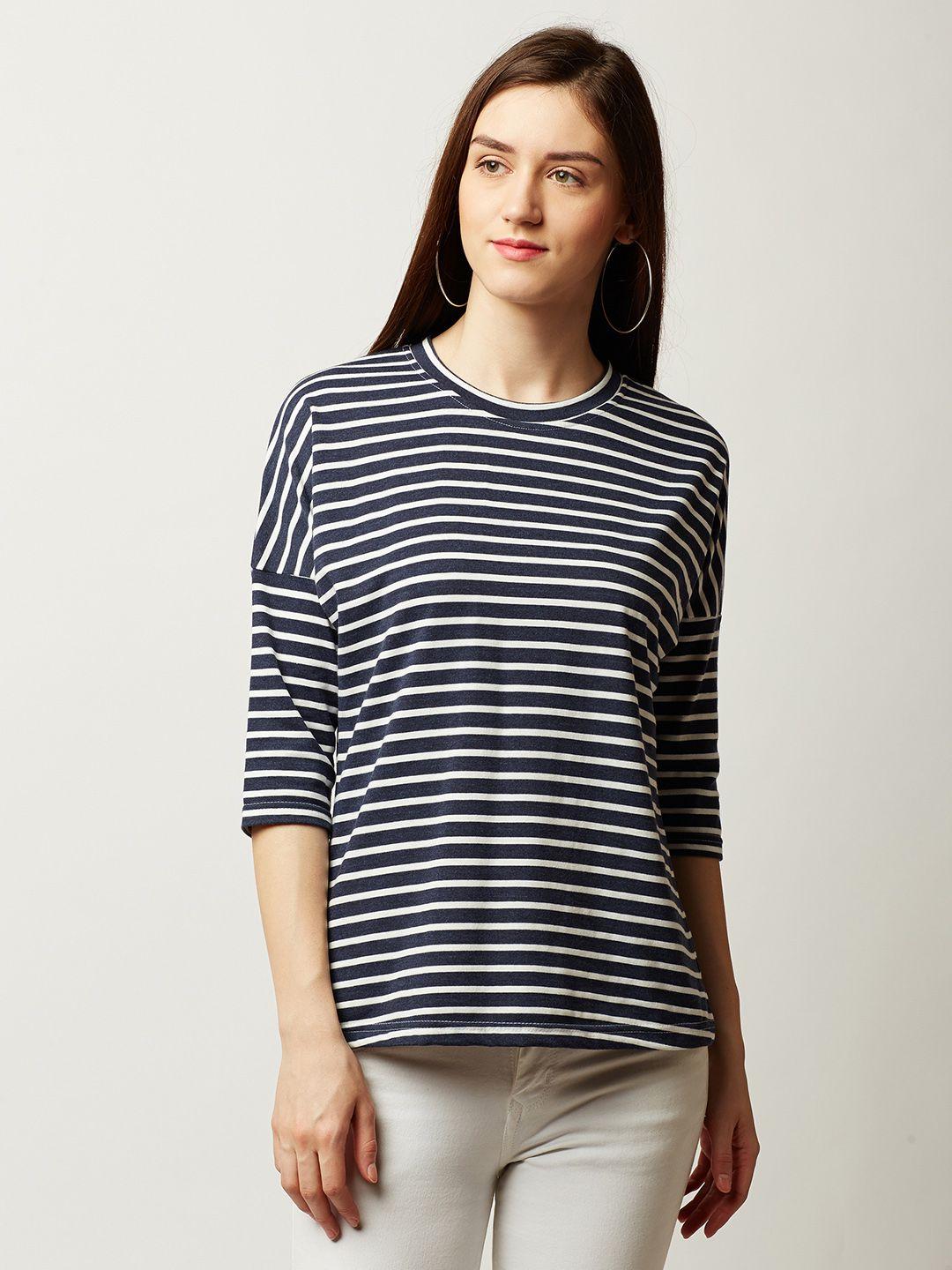 miss chase women navy blue striped pure cotton top