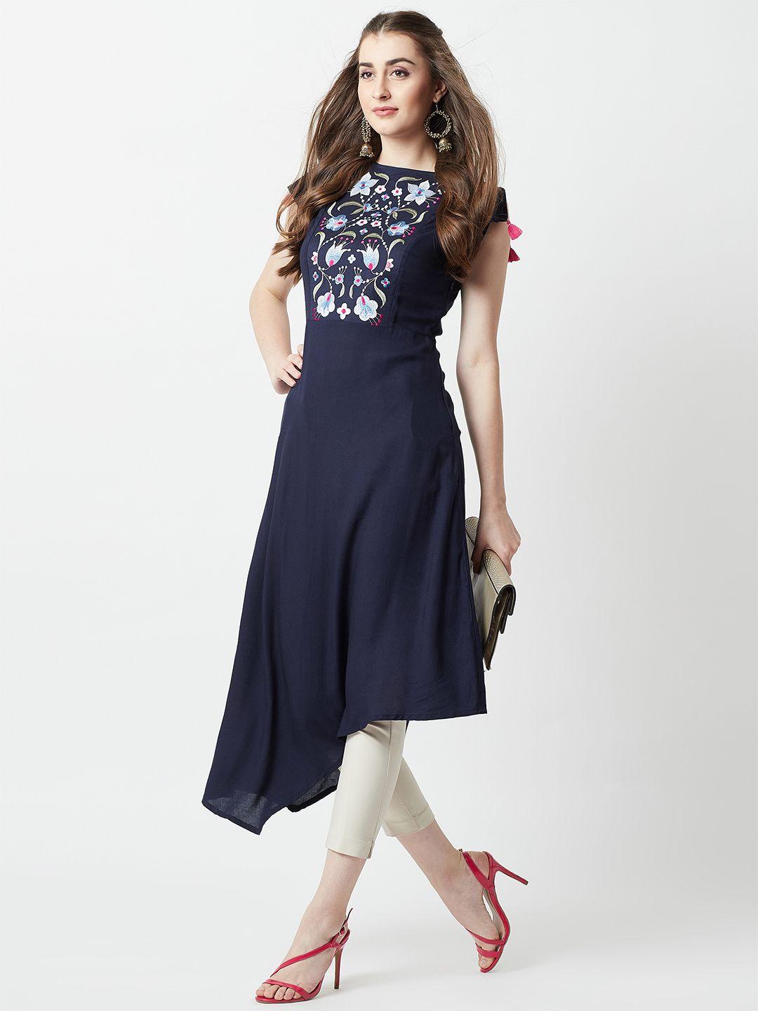 miss chase women navy embroidered blue fit and flare dress