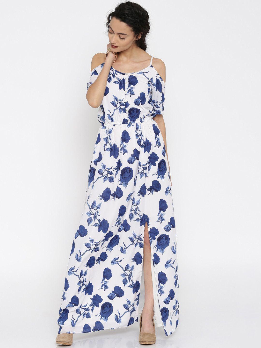 miss chase women off-white & blue printed maxi dress
