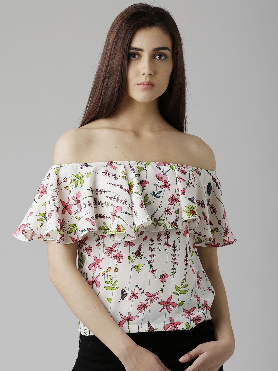 miss chase women off-white printed bardot top