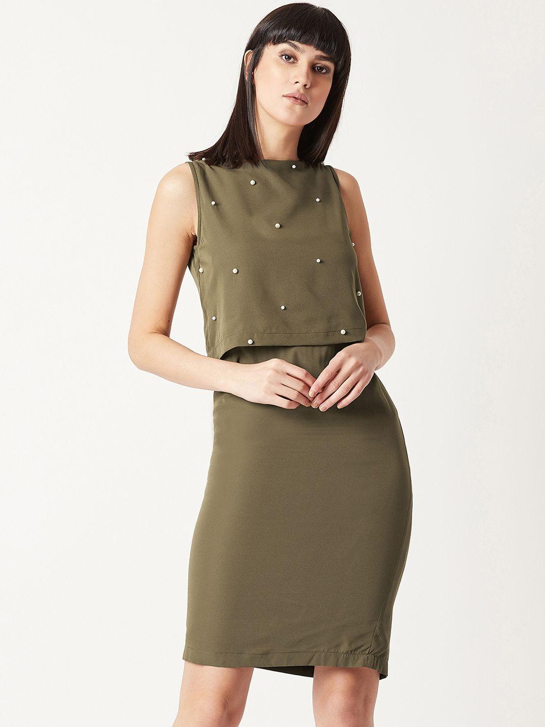 miss chase women olive green embellished sheath dress