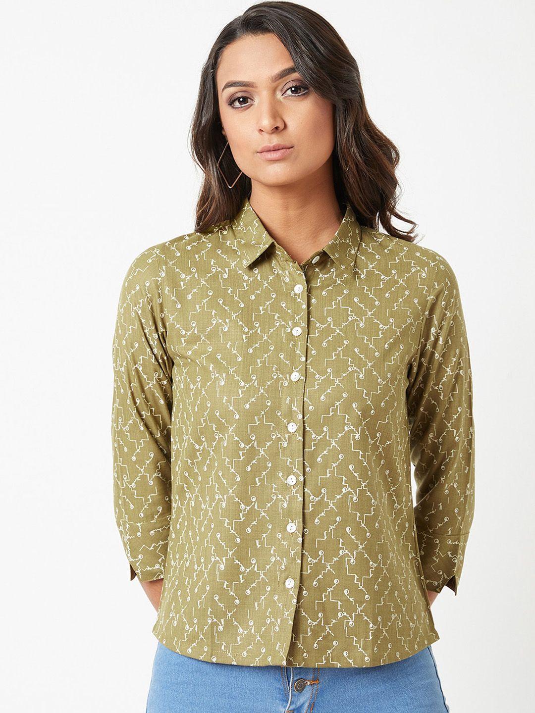 miss chase women olive green regular fit printed casual shirt