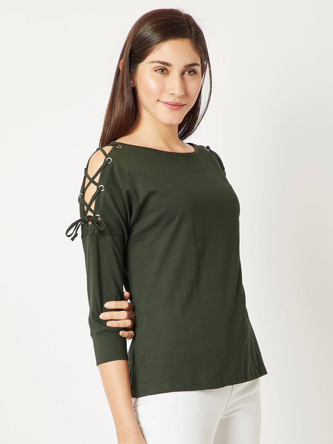 miss chase women olive green solid pure cotton top