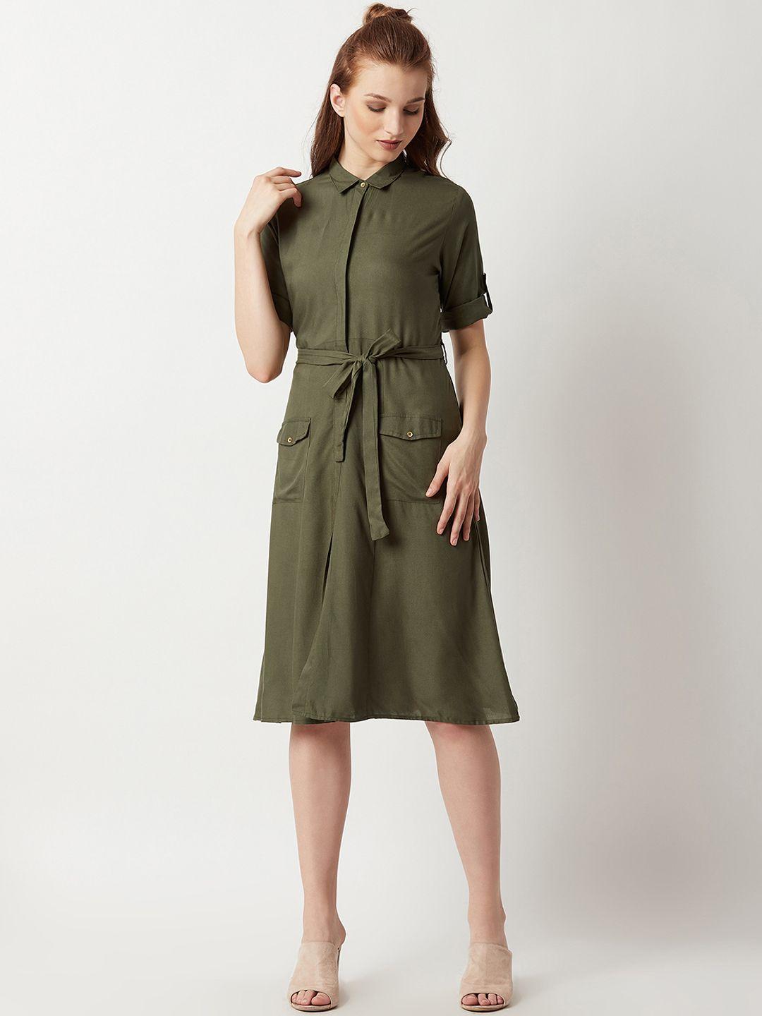 miss chase women olive green solid shirt dress