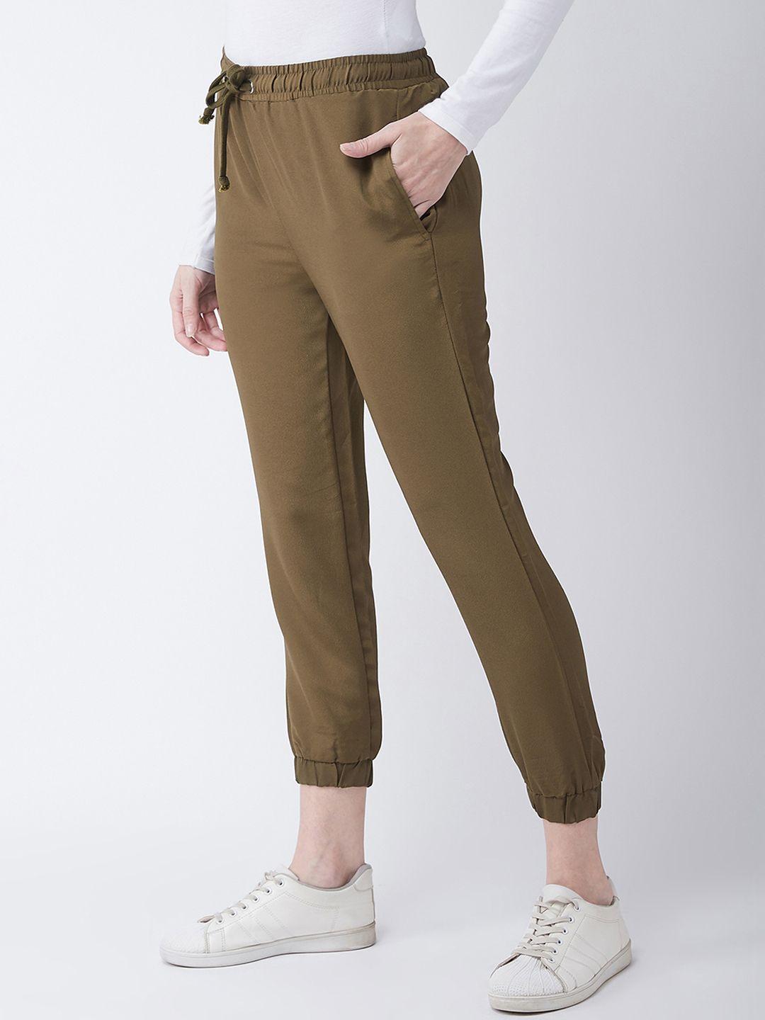 miss chase women olive green solid woven joggers