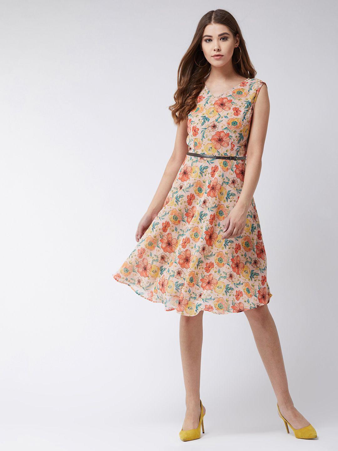 miss chase women peach-coloured floral printed fit and flare dress