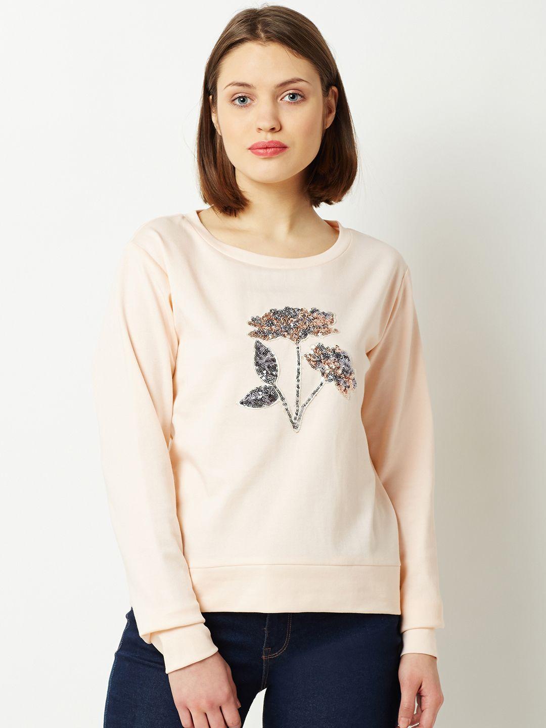 miss chase women peach-coloured sequinned sweatshirt