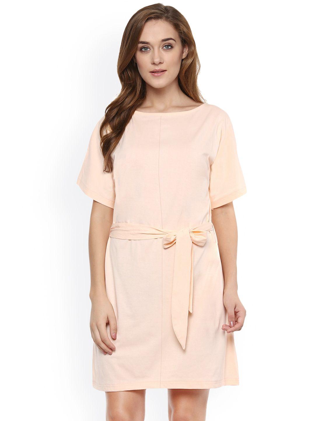 miss chase women peach-coloured solid a-line dress