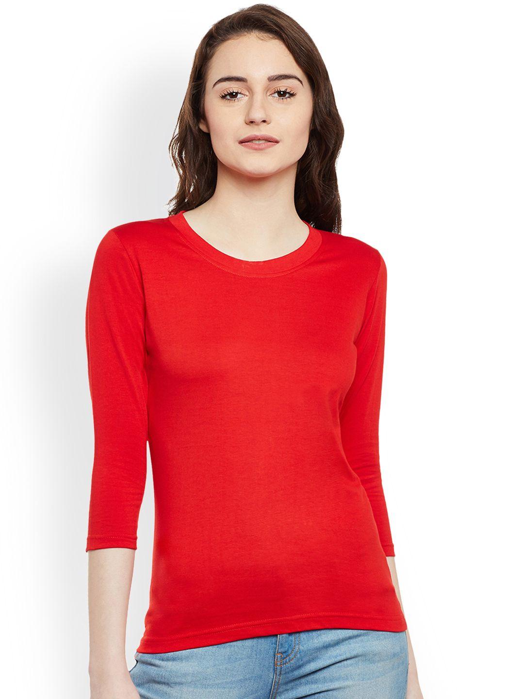 miss chase women red solid round neck t-shirt