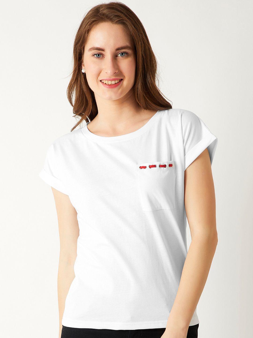 miss chase women white solid round neck t-shirt