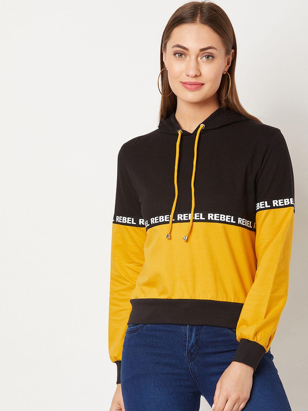 miss chase women yellow & black colourblocked hooded sweatshirt