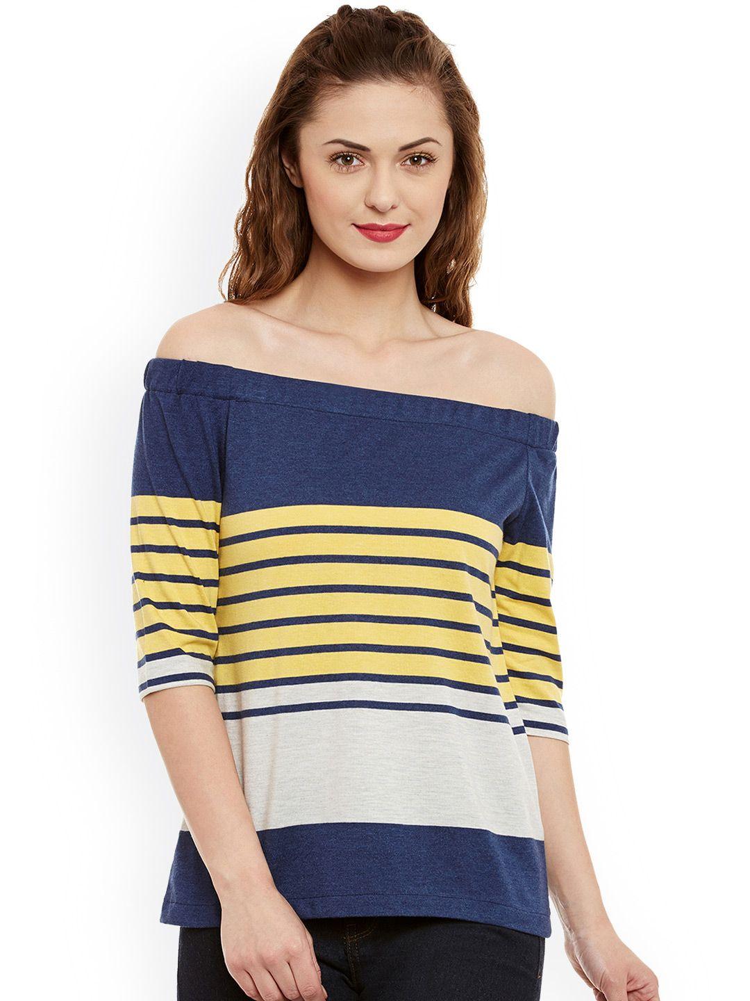 miss chase yellow & blue striped bardot pure cotton top